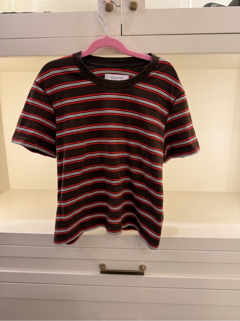 La Ligne Women Black Tee with Red & White Stripes